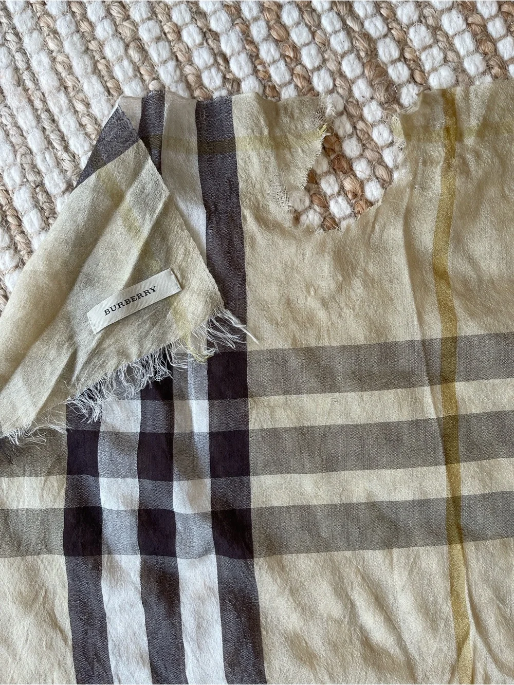 Burberry Iconic Plaid Wool Lightweight Long Scarf Wrap Note: damaged area